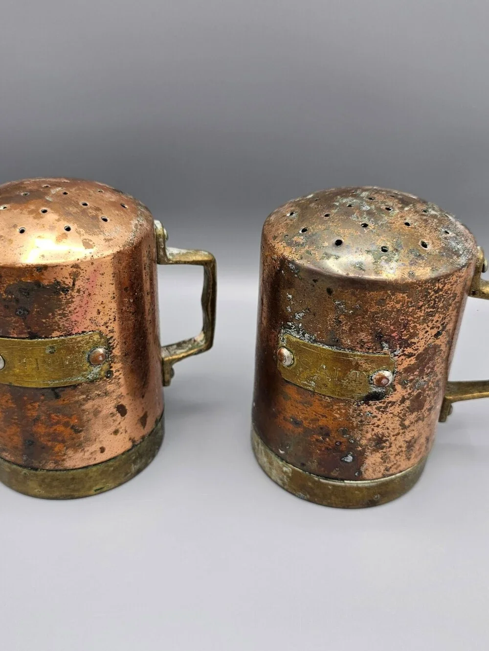 Vintage Copper and Brass Pepper Shakers Set of 2